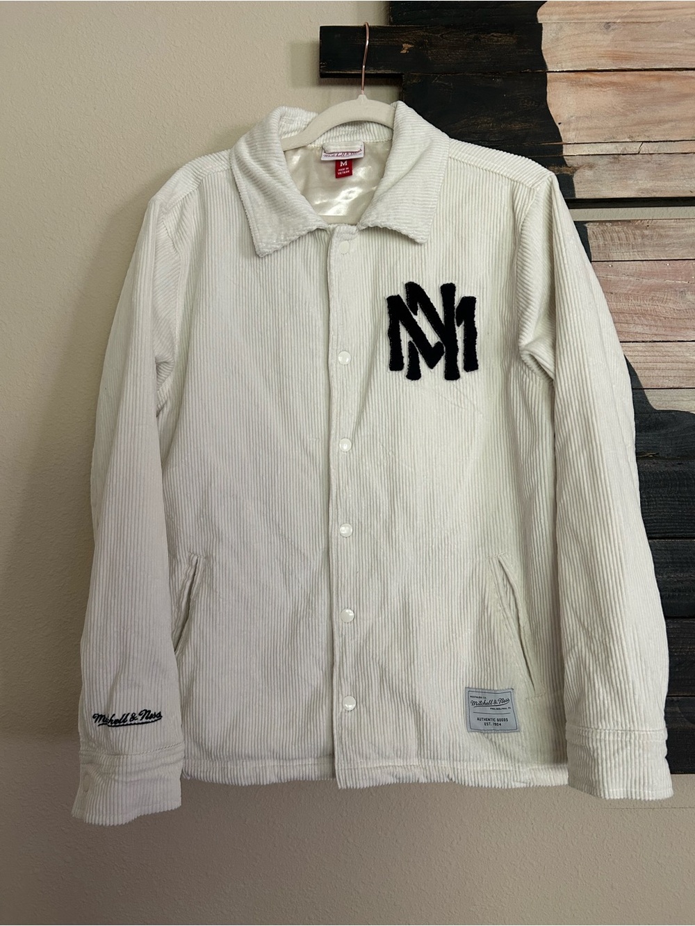 Mitchell & Ness Off White Ivory Corduroy Coach Varsity Snap Jacket MN Black Logo